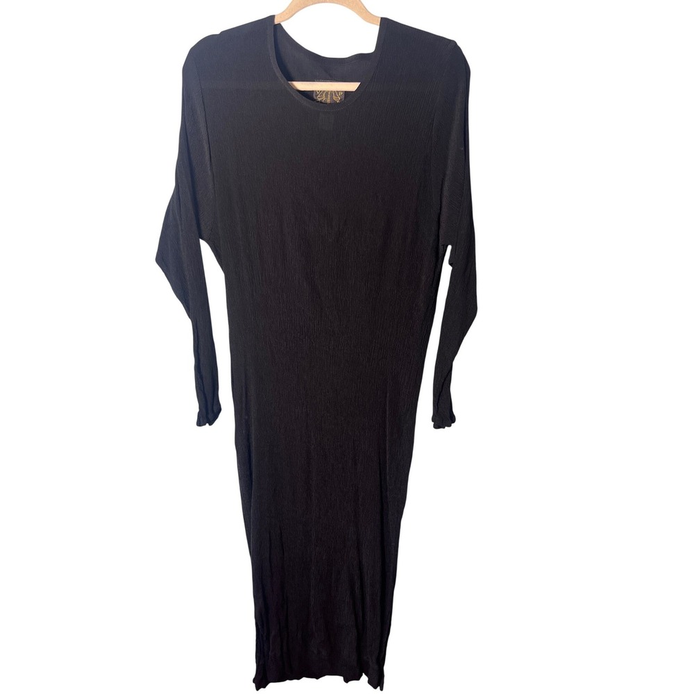 Visual Professional Vintage 1984 Black 100% Silk Crinkle Plisse Midi Dress OS